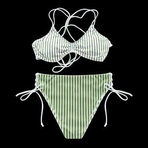 Women's Green & White Striped Bikini Set, M
